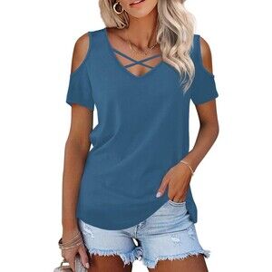 Amoretu Womens Summer Shirts V Neck Criss Cross Cold Shoulder Tops Blouse 2XL